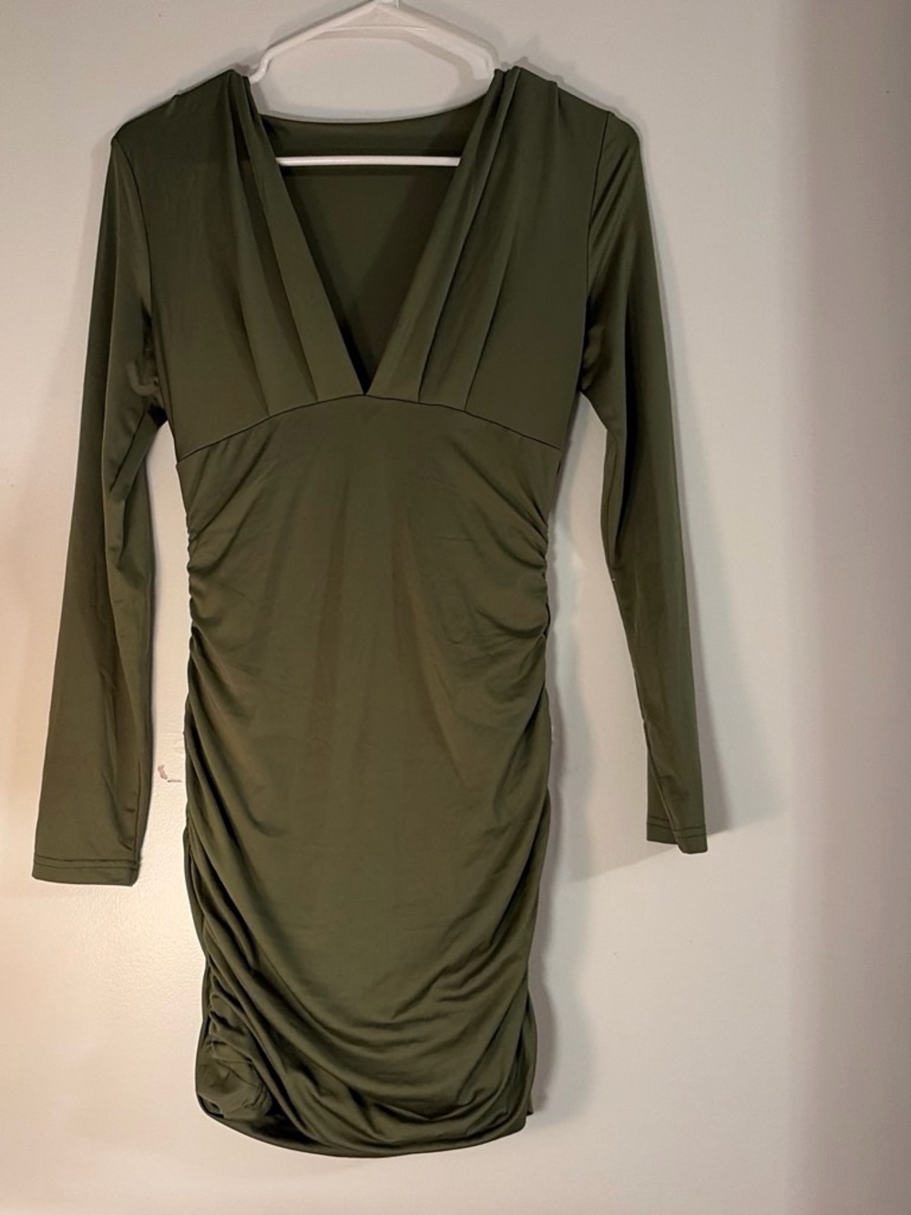 Olive Green Ruched V-Neck Long Sleeve Dress